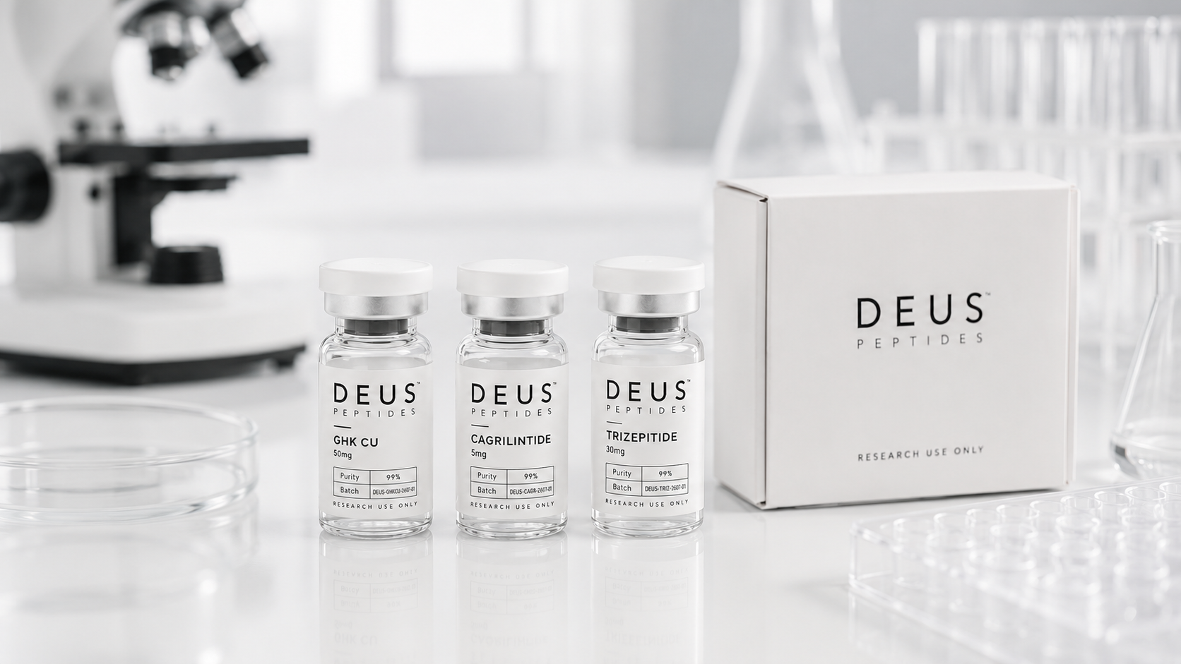 DEUS peptide vials beside product packaging in a laboratory setting